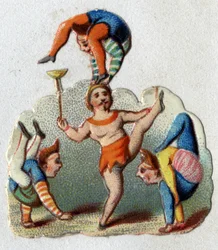 Cirkus: kontorsionister og balancere, der udfører et nummer.