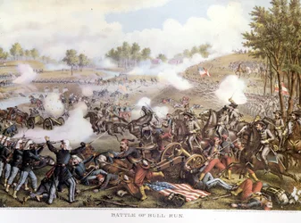 Borgerkrig (1861 - 1865), amerikansk borgerkrig 21/7/1861: Første slag ved Bull Run eller Første slag ved Manassas: Virginia, de konfødererede under kommando af general Beauregard besejrede general Mac Dowells nordiske tropper. Gravering.
