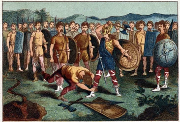 Clovis (465-511) og den frankiske kriger, der ødelagde vasen fra Soissons i 486 - Clovis 1. slår soldaten ned, som havde ødelagt vasen fra Soissons i 486. Kromolitografi fra det 19. århundrede.