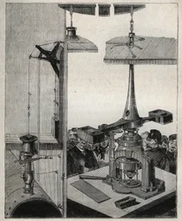 Mønt: London Mints dampbalance. Indgravering fra 1885 i "" Les arts et metiers illustres"" af Adolphe BITARD.