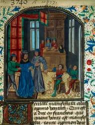 Møntprægning i middelalderen. Miniature fra et udkast af Nicolas Oresme (1320-1382). 1400-tallet f.Kr. Paris