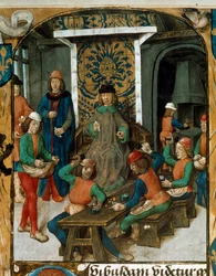 Møntprægning i middelalderen. Miniature fra et udkast til valuta (formentlig De Moneta) af Nicolas Oresme (1320-1382). 1300-tallet f.Kr. Paris