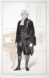 Politikommissær under revolutionen (1789-1799). Radering i farver, til illustration "" History of the Corps of Peacekeepers""" bog udgivet i regi af Louis Lepine (1846-1933), præfekt for politiet på Seinen, af Alfred Rey (18.