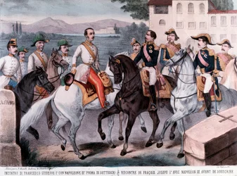 Konference i Villafranca, møde mellem den franske kejser Napoleon III og kejser Frans Joseph I, om den foreløbige østrigske fred (1859) (stik)