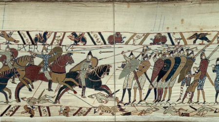 Erobre England af Vilhelm Erobreren (1027-1087) i 1066, kampscene mellem det normanniske kavaleri, der laster det saksiske infanteri af kong Harold II af England Detalje af Bayeux-tapet eller broderi af dronning Mathilde