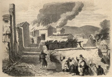 Erobringen af Algeriet: ekspeditionen til Store Kabylien i 1857. Beni Yennis underkastelse efter en tegning af hr. Ameller, bataljonschef ved 1. zouavregiment. Stik i »Le Monde illustré« fra 1857. Privatsamling.