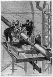 Konstruktion af Brooklyn Bridge i New York: Maskine brugt til at dække de 19 sekundære kabler med spiral ståltråd til et enkelt kabel. Stik fra 1883.