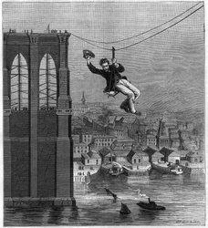 Konstruktion af Brooklyn Bridge i New York: Mr. Farrington, bygningsmekaniker, flytter fra en pæl til en anden ved hjælp af den første strakte wire (25. august