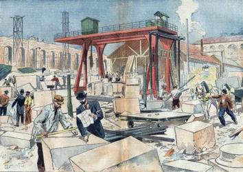 Opførelse af Grand Palais i Paris i 1898 i anledning af verdensudstillingen i 1900. I midten, diamanthjulet til at skære skære skåret sten. Illustration i "" Le Pelerin"" af 3. juli
