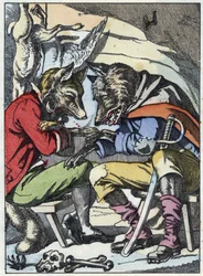 Samtale mellem ulven og ræven. Illustration af fortællingen "Compere le Loup, Maitre Renard, Comere la Chevre et ses petits biquets"" efter en fabel af Jean de la Fontaine. I “”Fortællinger fra hjemmet for de mindste””. Anonym gravering af