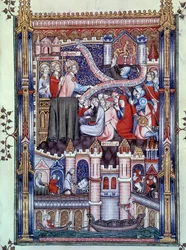 Omvendelse af parisere: på en bro i Paris, hvor guldsmedebutikker er placeret, bryder pariserne idoler til guld. Miniature fra manuskriptet "" Life of Saint Denis"" af Yves, munk af Saint-Denis