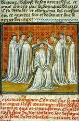 Hugo Capets kroning (987) ved Adalbero (ca. 925-990), ærkebiskop af Reims - illumination på vellum fra middelaldermanuskriptet »De store krøniker fra Saint-Denis«, slutningen af det 14. århundrede (ref. 512)