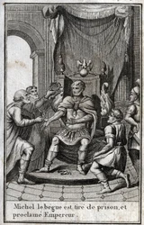 Kroningen af Michael 2. fra Amorion (den Stammende) (770-829) som byzantinsk kejser efter hans løsladelse fra fængslet i 820. Han er grundlæggeren af det amoriske dynasti. I »Skønheder fra det sene kejserriges historie«, redigeret ved P. J. B. N. 1814.