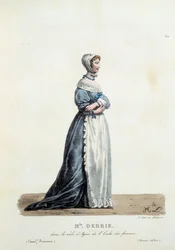 Kostume af Miss Debrie i rollen som Agnes af Molieres "School of Women" i 1680. Kostume af fransk komedie af Hippolyte Lecomte (1781-1857). Indgravering af det 19. århundrede. Saml. Lad os gå.