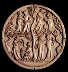Høflige kærlighedsscener. Elfenbens spejlboksventiler. Begyndelsen af det 14. århundrede. Svag. 11 cm. Paris, Louvre-museet