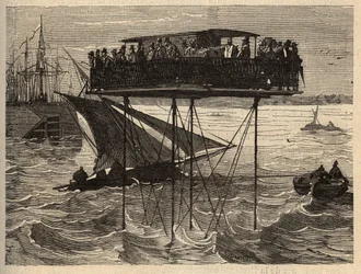 Skrubling med kran fra Saint-Malo til Saint-Servan - (Saint Malo a Saint Servan) gravering i "" PATRIE"" - BESKRIVELSE PACUREQUIREE DE LA FRANCE EN 6 BIND AF LUCIEN HUARD - slutningen af ​​1800-tallet
