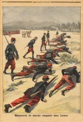 Krybende gåmanøvrer i hæren, eksperimenter med nye tamponarmbånd, som beskytter håndfladen. Indgravering i "" Le petit journal"" 16/08/1896. Selvas samling.