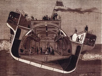 Tværsnit af en båd designet mod søsyge af Henry Bessemer (1813-1898). Gravering 1800-tallet.