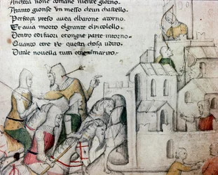 Korsfarere angriber en maurisk fæstning. Illustration til det toscanske digt »Febusso e Breusso«. Manuskript MS.B.R.45. Det 15. århundrede. Firenze, Biblioteca Nazionale