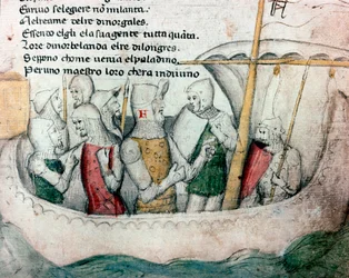 Korsfarere på en båd. Illustration til det toscanske digt »Febusso e Breusso«. Manuskript MS.B.R.45. Det 15. århundrede. Firenze, Biblioteca Nazionale