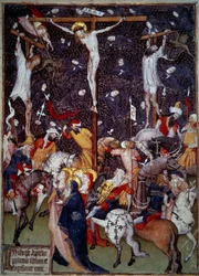 Korsfæstelse. Sorte engle flyver omkring de dømtes kroppe. Romere til hest rider rundt om korset for at betragte scenen. Miniature fra et manuskript fra det 15. århundrede. Paris, B.N.