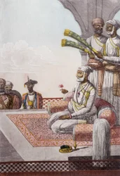 Kultur, civilisation og indiske samfund: Portræt af en Radjah (Rajah) suveræn af Brahman, Indien. Stik fra 1808.