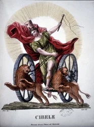 Cybele, guddommelighed, der personificerer naturens reproduktive kraft - i "" Dizionario mitologico"", gravering fra det 19. århundrede efter et maleri af Tintoretto, Bibl. di Brera, Milano.