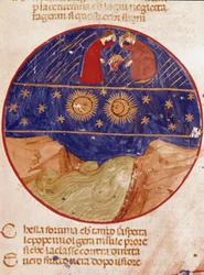 Dante og Beatrice ser fra himlen, jorden og stjernerne. Oplyst side, der illustrerer en sang fra Paradiset fra "Divina Commedia" af Dante Alighieri (1265-1321). 1300-tallet, Venedig, Biblioteca Marciana