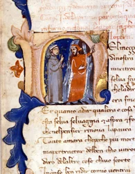 Dante og Virgil ved indgangen til Helvede. (lettrine "" N "") Begyndelsen af ​​helvede af en Divina Commedia (guddommelig komedie) fra det 14. århundrede i Milano, Trivulziansk bibliotek. (Midt på vores livs rejse ...)