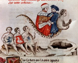 Dante og Virgil rider på Geryons ryg (sang 17 fra helvede, i den guddommelige komedie) - miniature 15. århundrede