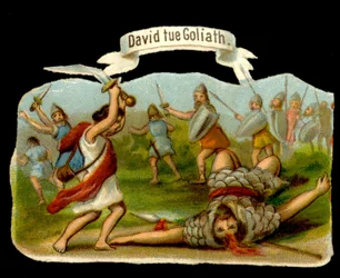 David og Goliat: David dræber Goliat med sin næve. 1800-tallets kromolitografi.