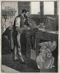 Dekoration af sølvtøj: bronzemejsel. Indgravering fra 1885 i "" Les arts et metiers illustres"" af Adolphe BITARD.