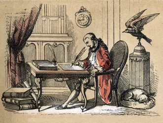Beskrivelse af forskellige produkter og anvendelser af papir: portræt af Georges Louis Leclerc, greve af Buffon, naturforsker og forfatter (1707-1788), der skriver sin naturhistorie. Plade "" Le papier et ses produits"" i "" les Recreations instructives"" 