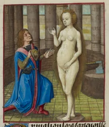 Detalje af en miniature af Pygmalion på knæ og beder om tilgivelse fra statuen.