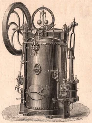 Detaljeret teknisk billede af en lille dampmaskine produceret i Paris i 1866: kedel, cylinder, stempel, plejlstang og svinghjul