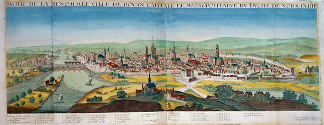 Detaljeret udsigt over byen Rouen i Normandiet. Stik fra 1600-tallet. Paris B.N.