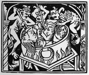 Djævle, der plager de frodige i en brønd af ild og svovl - i "" Grand Calendrier et Compost des Bergers"", Lyon