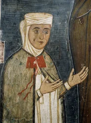 Troende Saramalyna Anastasia i tøj fra det 14. århundrede, fresko i den byzantinske kirke Vor Frue af Asinou (1100-tallet) (Unescos verdensarvsliste, 2001), Troodosbjergene, Cypern