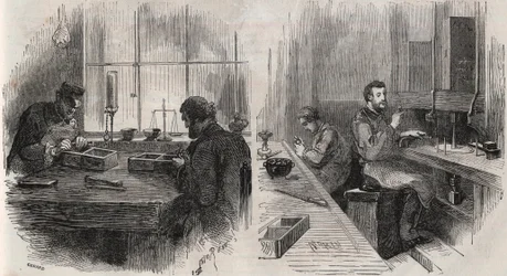 Diamantskæring på et værksted i Holland: kløvere og polere - gravering i "" Le Monde Illustré""