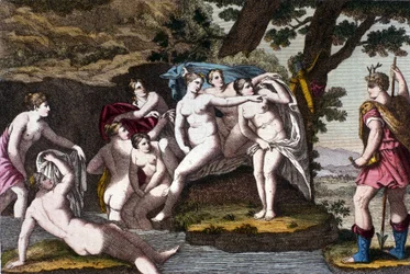 Diane fanget i badet af jægeren Acteon. Gravering fra "" Dizionario mitologico""" 1800-tallet