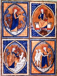 Forskellige stadier af verdensskabelsen repræsenteret i mandorles. Miniature fra et manuskript fra 1200-tallet. Porto, kommunalt bibliotek