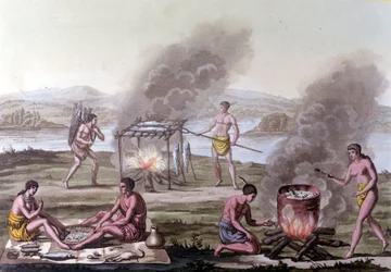 Spise- og madlavningsscene blandt Florida-indianerne. 1600-tals stik.
