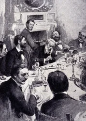Spisning ved bordet af Victor Hugo med Jean Mounet Sully (Mounet-Sully) (1841 - 1916), fransk skuespiller. Indgravering af det 19. århundrede.