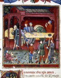 Uddeling af brød og sko til gamle og fattige. 1422.