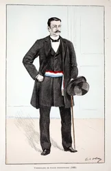 Delingspolitikommissær (1896). Radering i farver til illustration "" History of the Corps of Peacekeepers""" bog udgivet i regi af Louis Lepine (1846-1933), præfekt for politi på Seinen, af Alfred Rey (1864-?) og Louis Iron