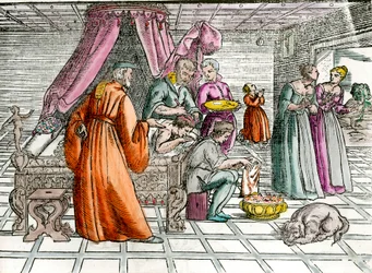 Læge: »En trepanation«. En kirurg opererer sin patients kranium. Stik fra det 16. århundrede. Privatsamling