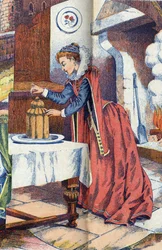 Æselskind taber sin ring i kagen. Anonym illustration til "" Æselskind""-fortælling af Charles Perrault (1628-1703), fransk forfatter. Billedmateriale Marcel Vagne, Jarville Nancy, udateret (slutningen af det 19. århundrede).