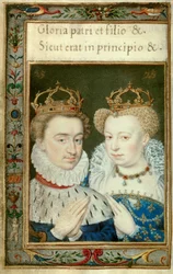 Dobbeltportræt af Henrik IV, konge af Frankrig (1553-1610) og Marguerite de Valois (1553 - 1615) kendt som dronning Margot. Miniature fra timernes bog af Catherine de Medicis (Caterina de Medici)