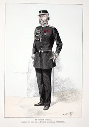 Dr. Roudil, overlæge i det kommunale politi (1867-1877). Radering i farver, til illustration "History of the Corps of Peacekeepers""" bog udgivet i regi af Louis Lepine (1846-1933), præfekt for politiet på Seinen, af A