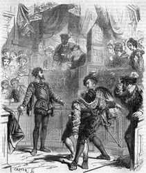 Duel med François de La Chataigneraies sværd mod Guy de Jarnac; Jarnac sårede sin modstander dødeligt ved at skære hans skaft over; i 1547, stik af 1800-tallet.